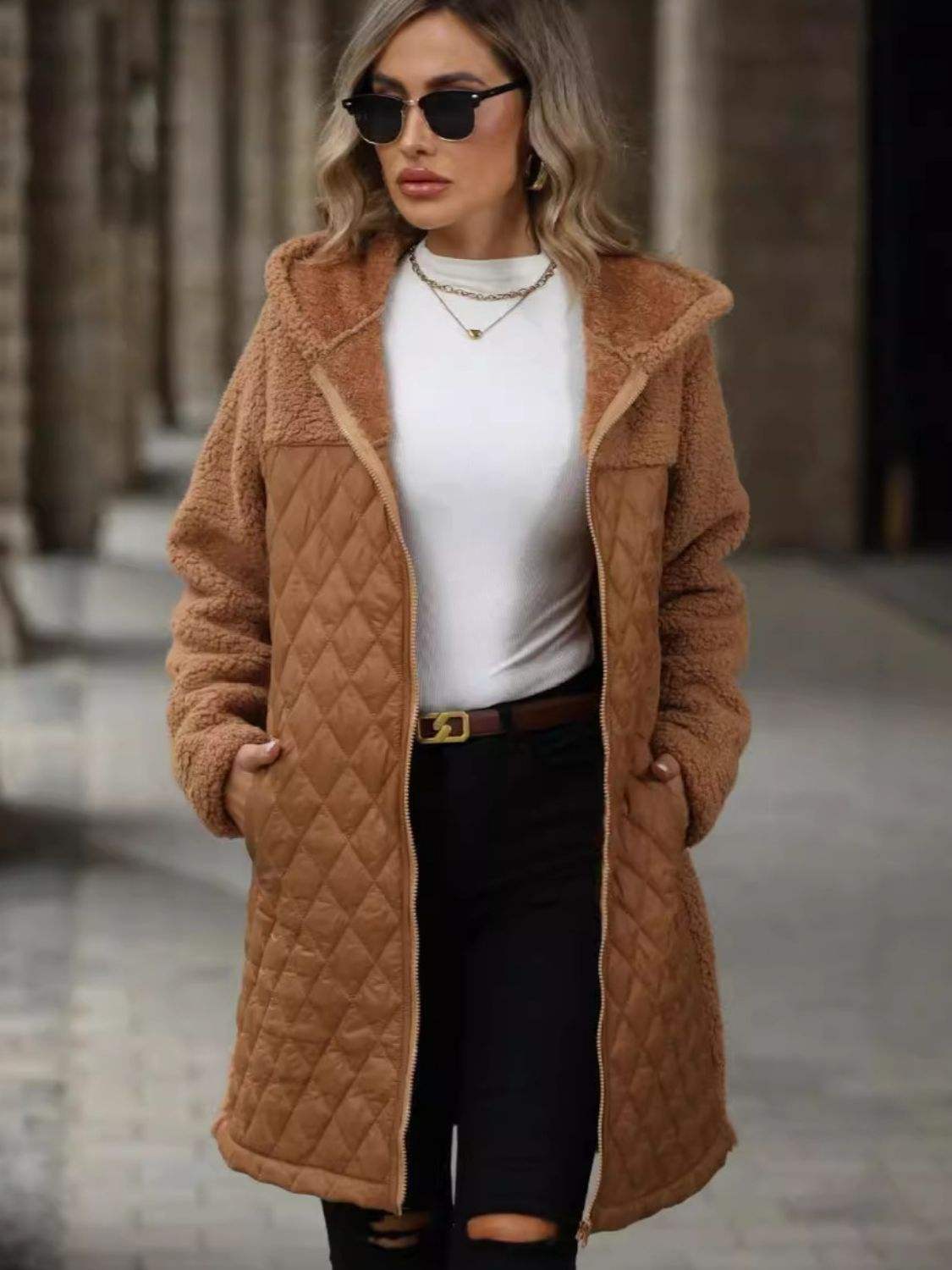Texture Zip Up Long Sleeve Hooded Coat - Trendsi - Flyclothing LLC