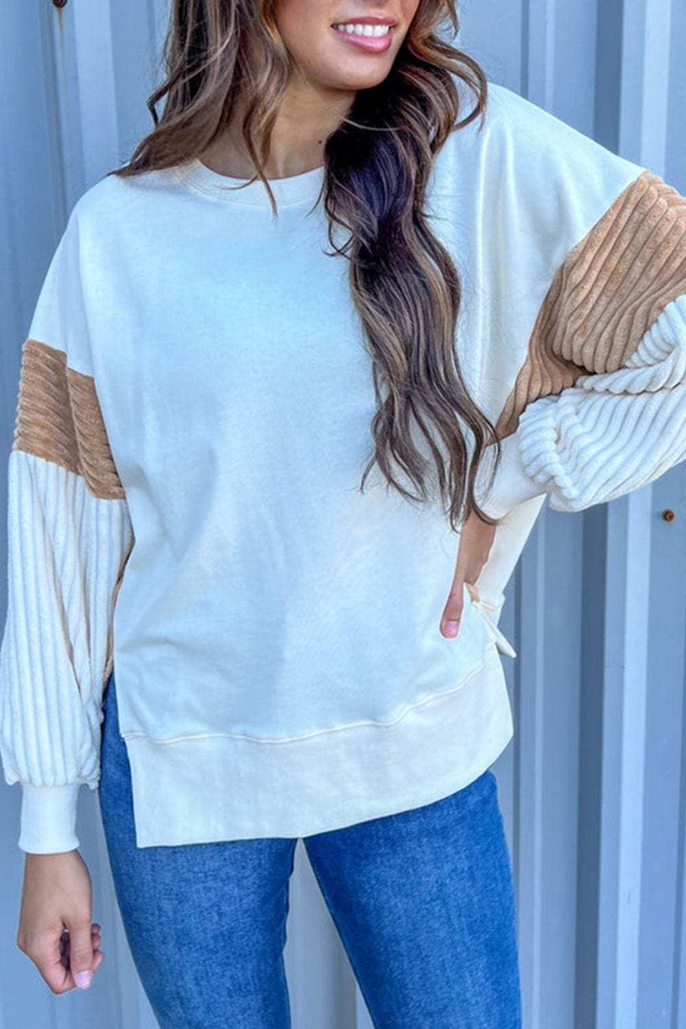 Slit Color Block Long Sleeve Sweatshirt - Trendsi - Flyclothing LLC