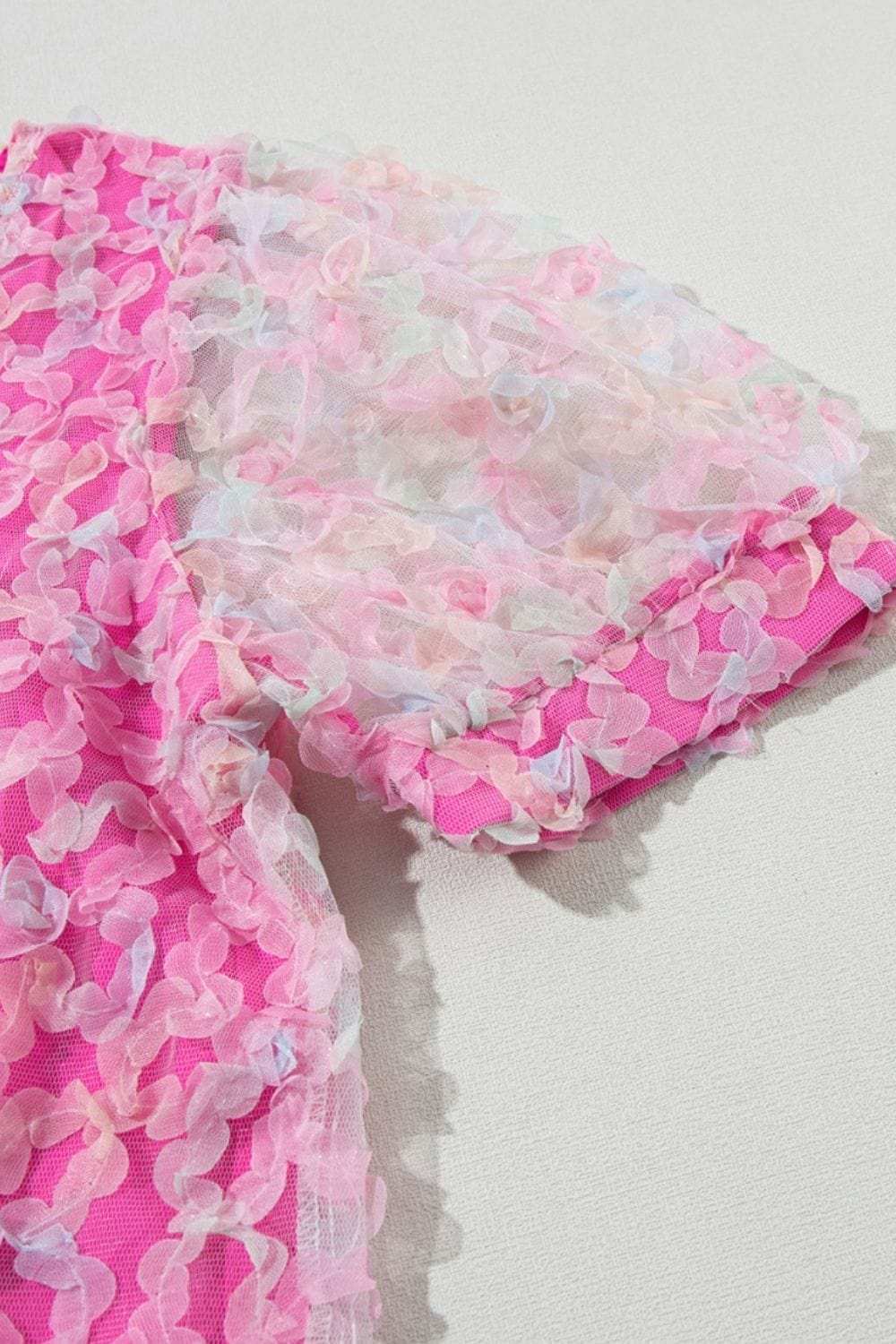 Bonbon Flowery Mesh Short Puff Sleeve Blouse - Trendsi - Flyclothing LLC