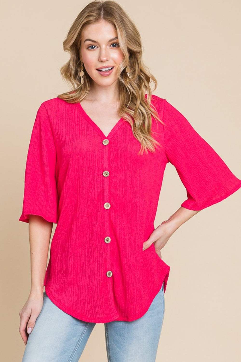BOMBOM Texture Decorative Button V-Neck Top - Trendsi - Flyclothing LLC