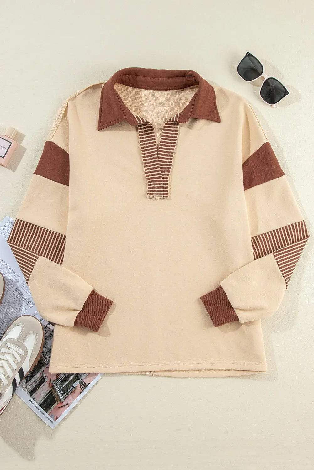 Collared Neck Long Sleeve Sweatshirt - Trendsi - Flyclothing LLC