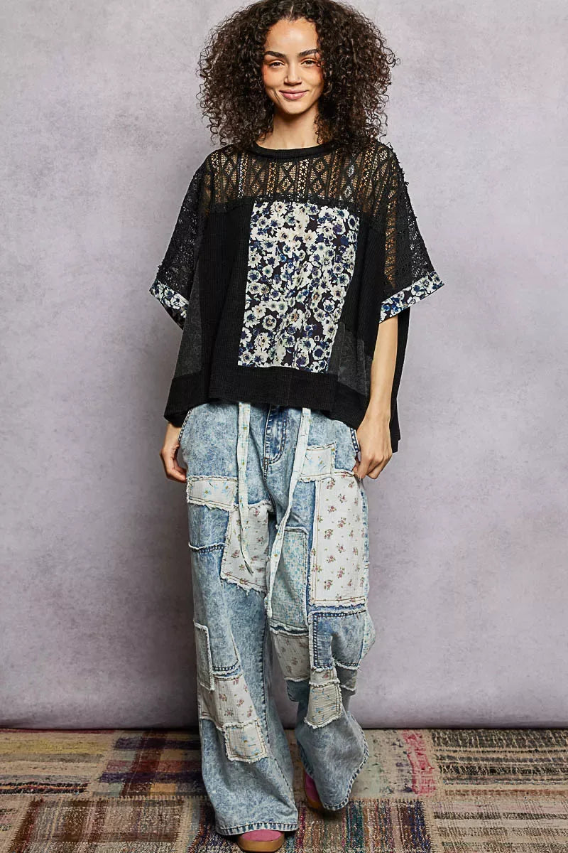 POL Floral Patchwork Lace Accent Blouse - Trendsi - Flyclothing LLC