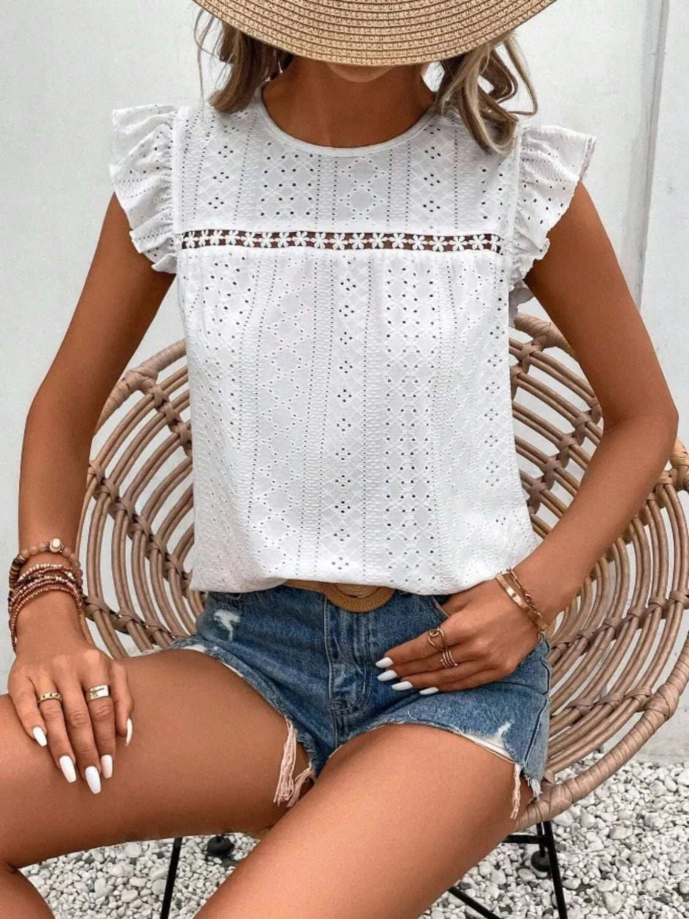Eyelet Round Neck Cap Sleeve Top - Trendsi - Flyclothing LLC