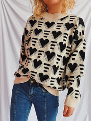 Heart Contrast Long Sleeve Dropped Shoulder Sweater - Trendsi