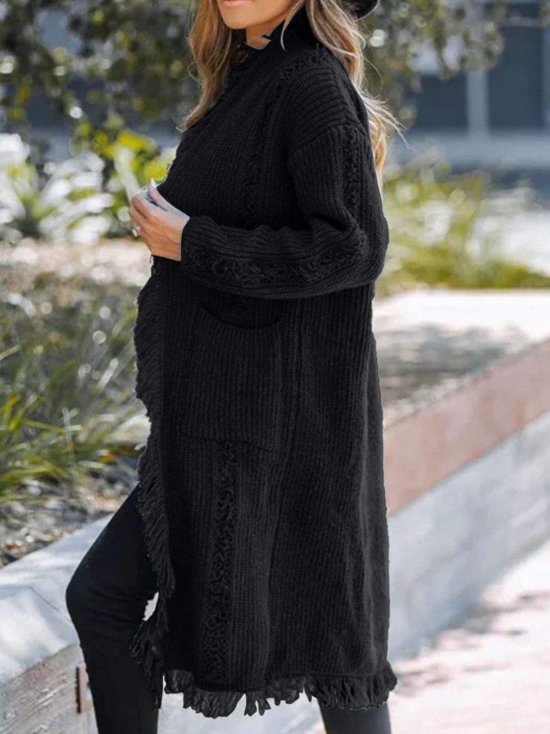 Fringe Open Front Long Sleeve Cardigan - Trendsi - Flyclothing LLC