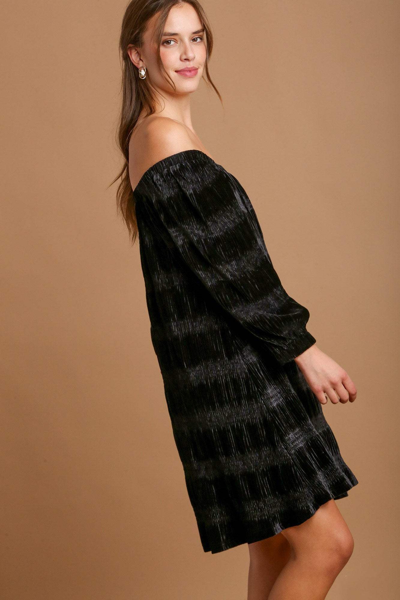 Umgee Off-Shoulder Balloon Sleeve Velvet Mini Dress - Trendsi - Flyclothing LLC