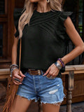 Ruffled Frill Mock Neck Cap Sleeve Blouse - Trendsi - Flyclothing LLC