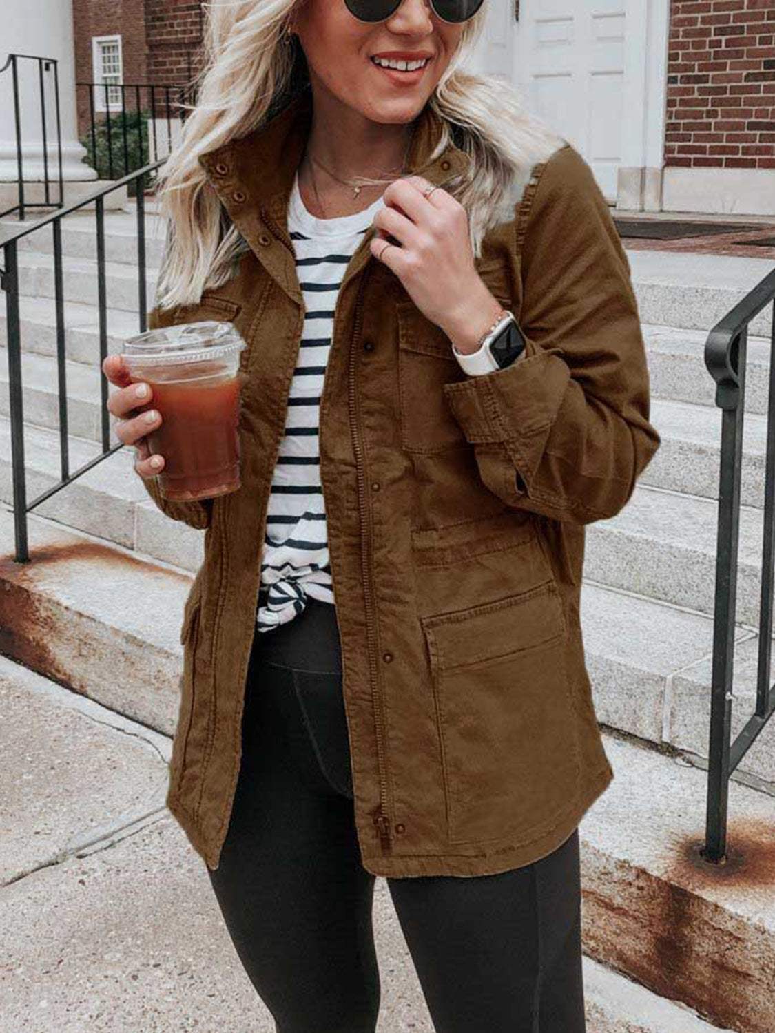 Pocketed Long Sleeve Zip Up Jacket - Trendsi - Flyclothing LLC