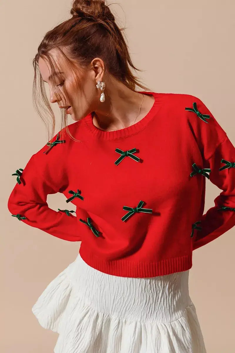 SO ME Ribbon Bow Applique Sweater - Trendsi - Flyclothing LLC