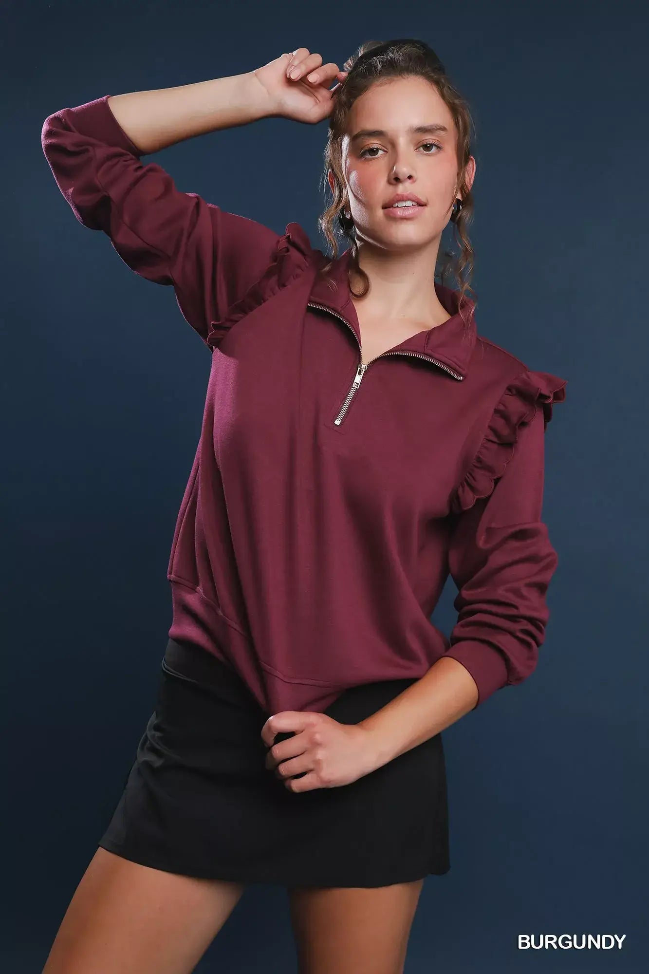 Umgee Luxeknit Ruffle Shoulder Quarter-Zip Sweatshirt - Trendsi - Flyclothing LLC