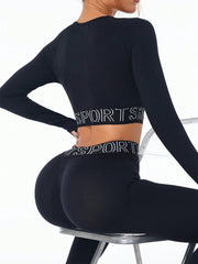 Letter Print Round Neck Long Sleeve Top and Leggings Active Set - Trendsi