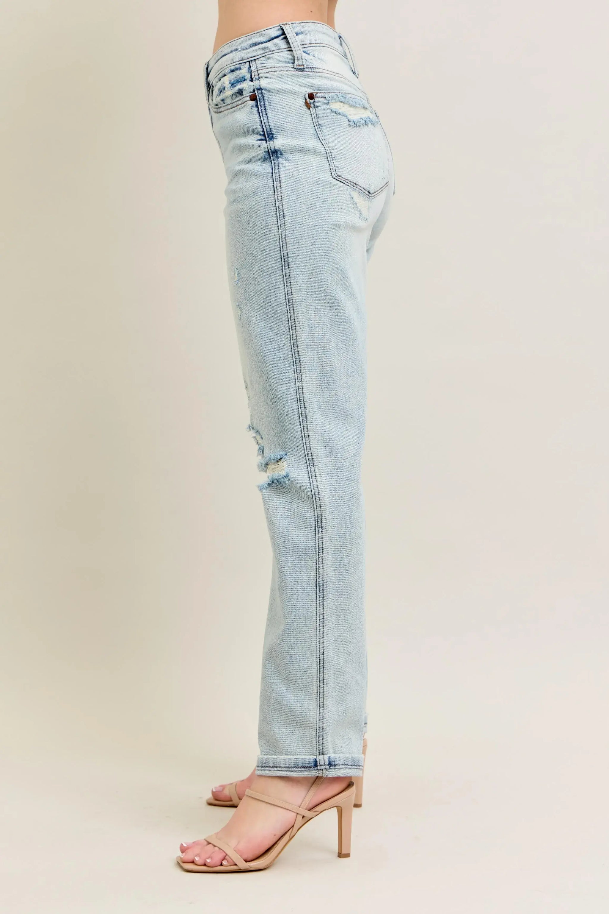 Judy Blue Full Size Mr Repair Stitch Detail Destroy Single Cuff Bf Jeans Plus Size - Trendsi - Flyclothing LLC