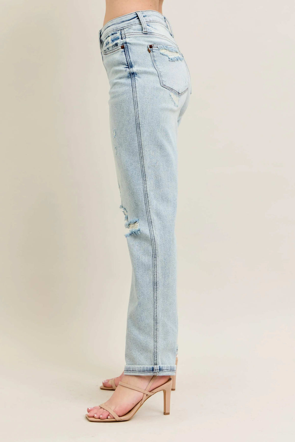 Judy Blue Full Size Mr Repair Stitch Detail Destroy Single Cuff Bf Jeans Plus Size - Trendsi - Flyclothing LLC