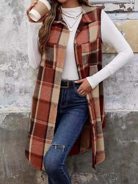 Plaid Button Up Vest Coat - Trendsi