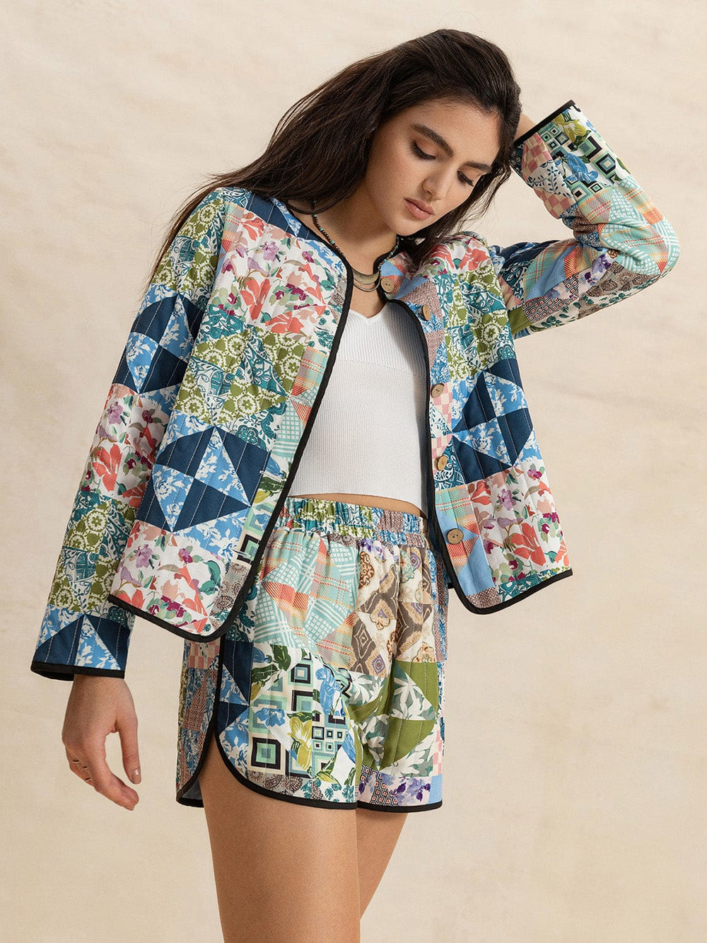 Printed Button Up Long Sleeve Outerwear and Shorts Set - Trendsi
