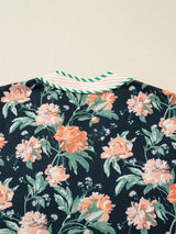 Floral Print Striped Trim V Neck Long Sleeve Ruffle Hem Shift Mini Dress - Trendsi - Flyclothing LLC