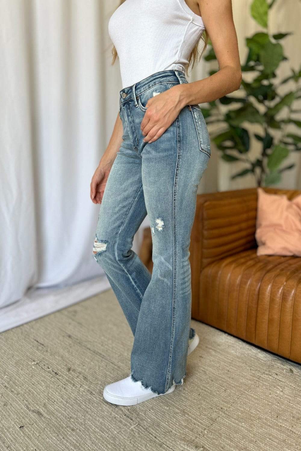 Judy Blue Full Size Medium Rise Tummy Control Destroy Flare - Trendsi - Flyclothing LLC