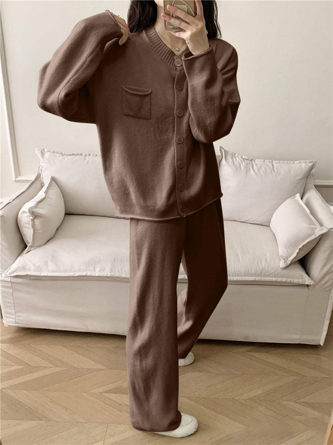 Pocketed Round Neck Button Up Cardigan and Pants Sweater Set - Trendsi - Flyclothing LLC