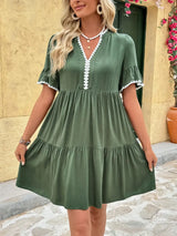 Lace Detail Notched Flounce Sleeve Mini Dress - Trendsi - Flyclothing LLC