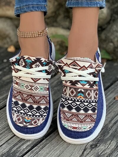 Geometric Lace-Up Round Toe Slip-Ons - Trendsi