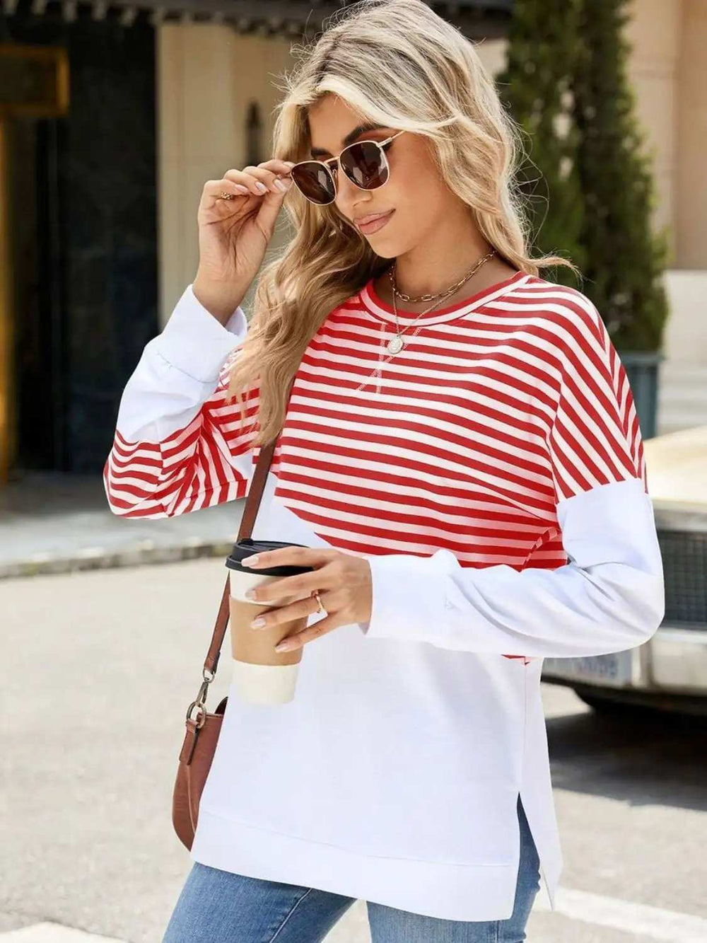 Slit Contrast Striped Long Sleeve Sweatshirt - Trendsi - Flyclothing LLC