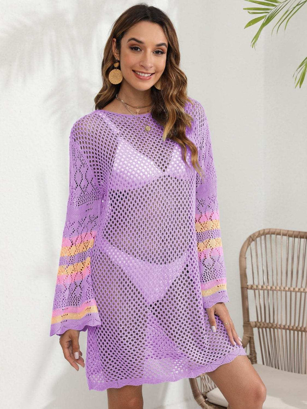 Openwork Contrast Long Sleeve Cover-Up - Trendsi - Flyclothing LLC