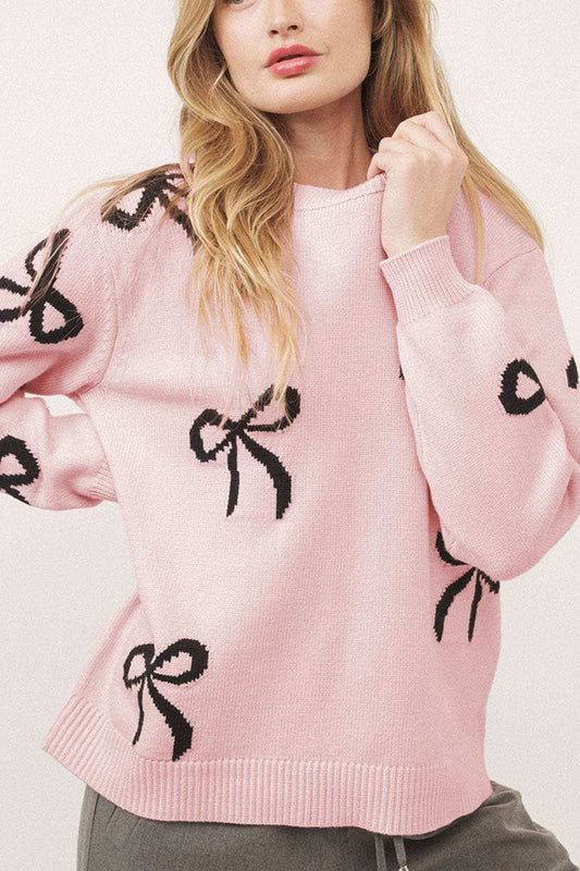 Bow Pattern Round Neck Loose Fit Sweater - Trendsi - Flyclothing LLC
