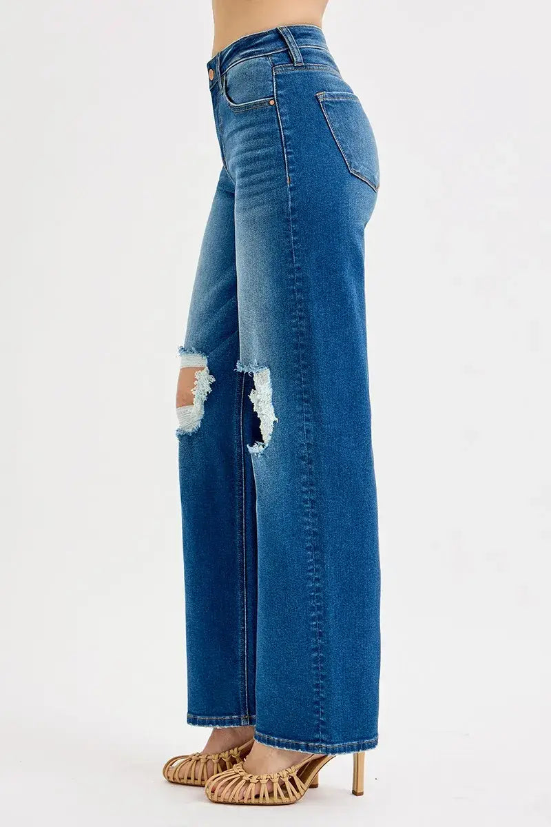 RISEN Full Size Mid Waist Fit Boyfriend Knee Distressed Jeans Plus Size - Trendsi - Flyclothing LLC