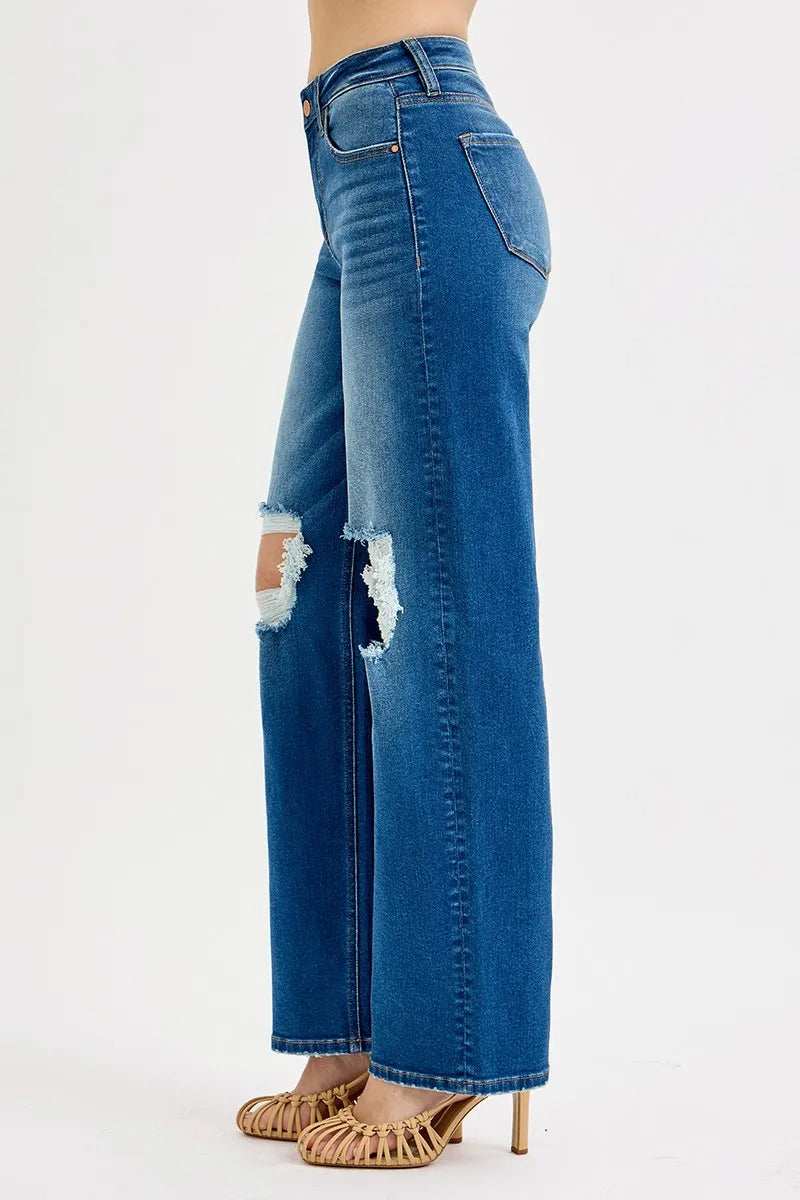 RISEN Full Size Mid Waist Fit Boyfriend Knee Distressed Jeans Plus Size - Trendsi - Flyclothing LLC