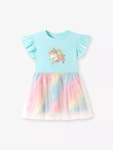 Children's Unicorn Graphic Rainbow Tulle Layered Dress - Trendsi - Flyclothing LLC