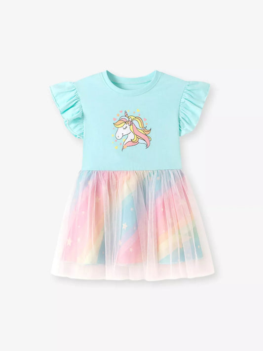 Children's Unicorn Graphic Rainbow Tulle Layered Dress - Trendsi - Flyclothing LLC
