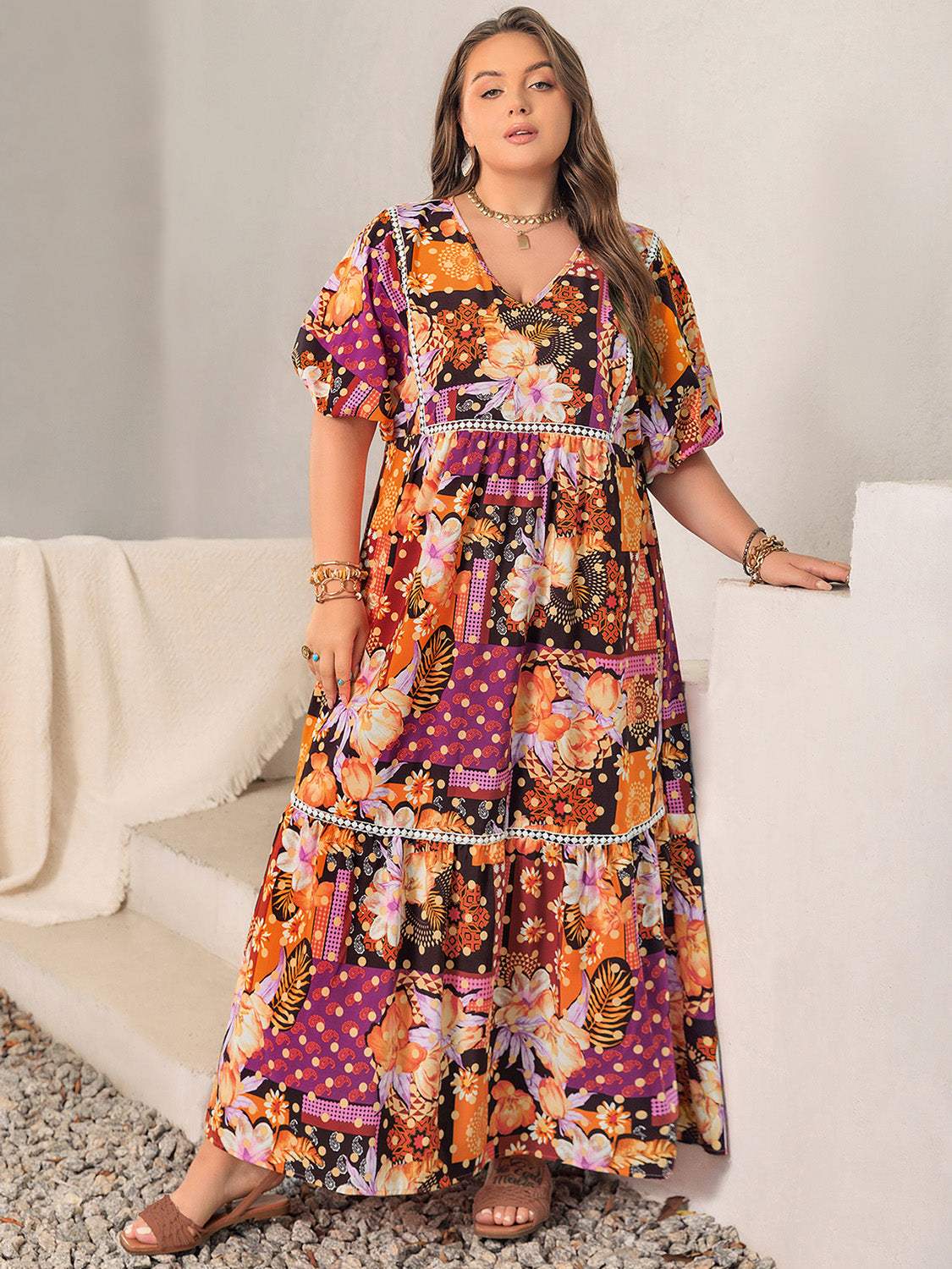 Plus Size Printed V-Neck Half Sleeve Maxi Dress - Trendsi - Flyclothing LLC