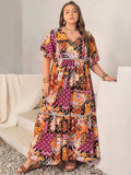 Plus Size Printed V-Neck Half Sleeve Maxi Dress - Trendsi - Flyclothing LLC
