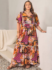 Plus Size Printed V-Neck Half Sleeve Maxi Dress - Trendsi