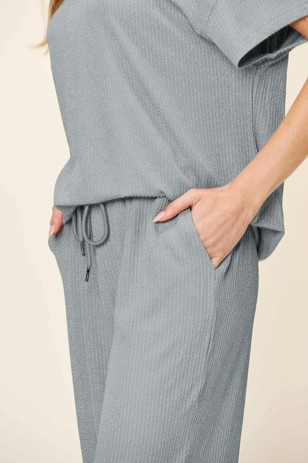 Double Take Full Size Texture Round Neck Short Sleeve T-Shirt and Wide Leg Pants - Trendsi - Flyclothing LLC