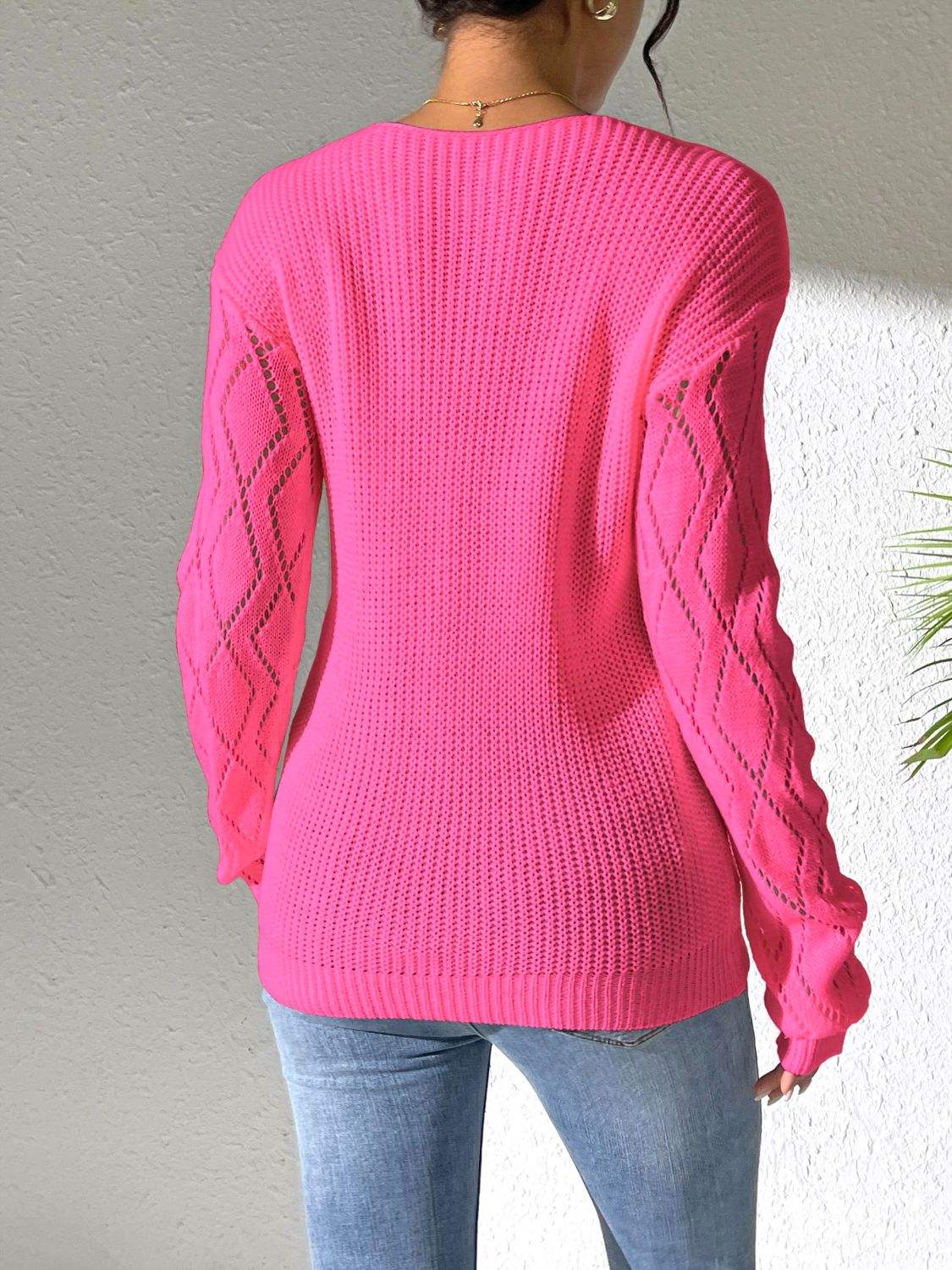 Openwork V-Neck Long Sleeve Sweater - Trendsi - Flyclothing LLC
