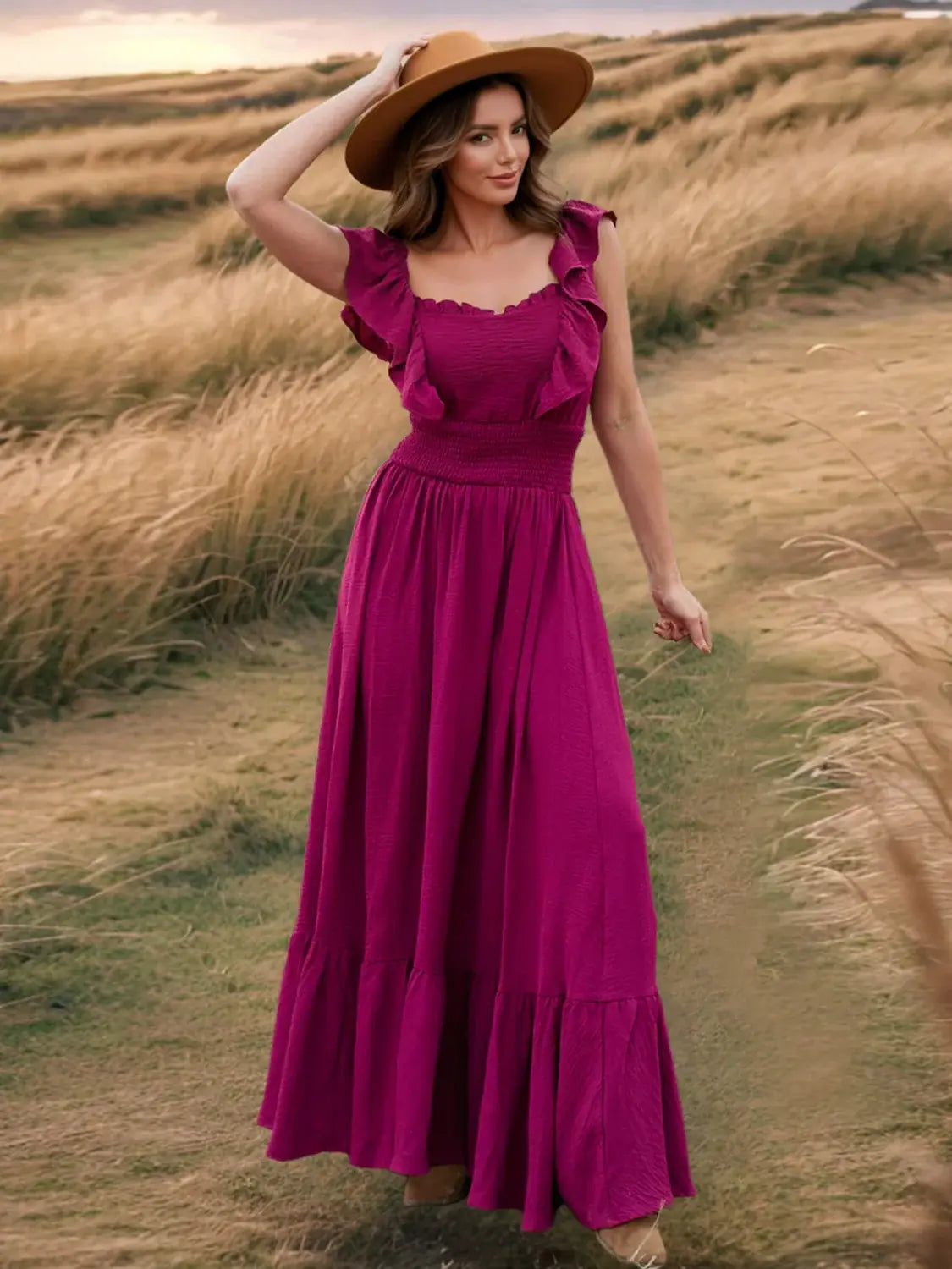 Ruffled Smocked Square Neck Maxi Dress - Trendsi - Flyclothing LLC