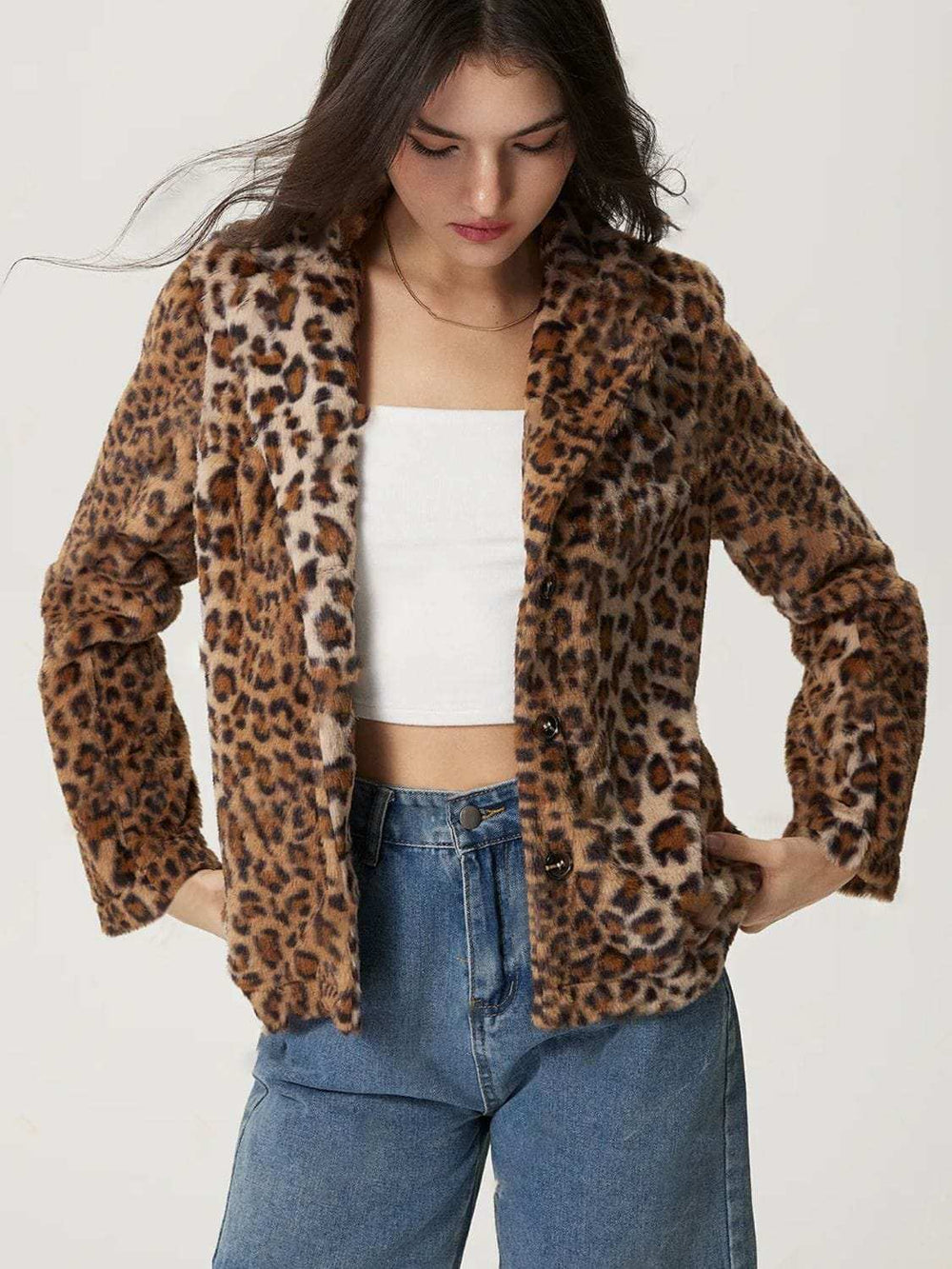 Fuzzy Leopard Collared Neck Jacket - Trendsi - Flyclothing LLC