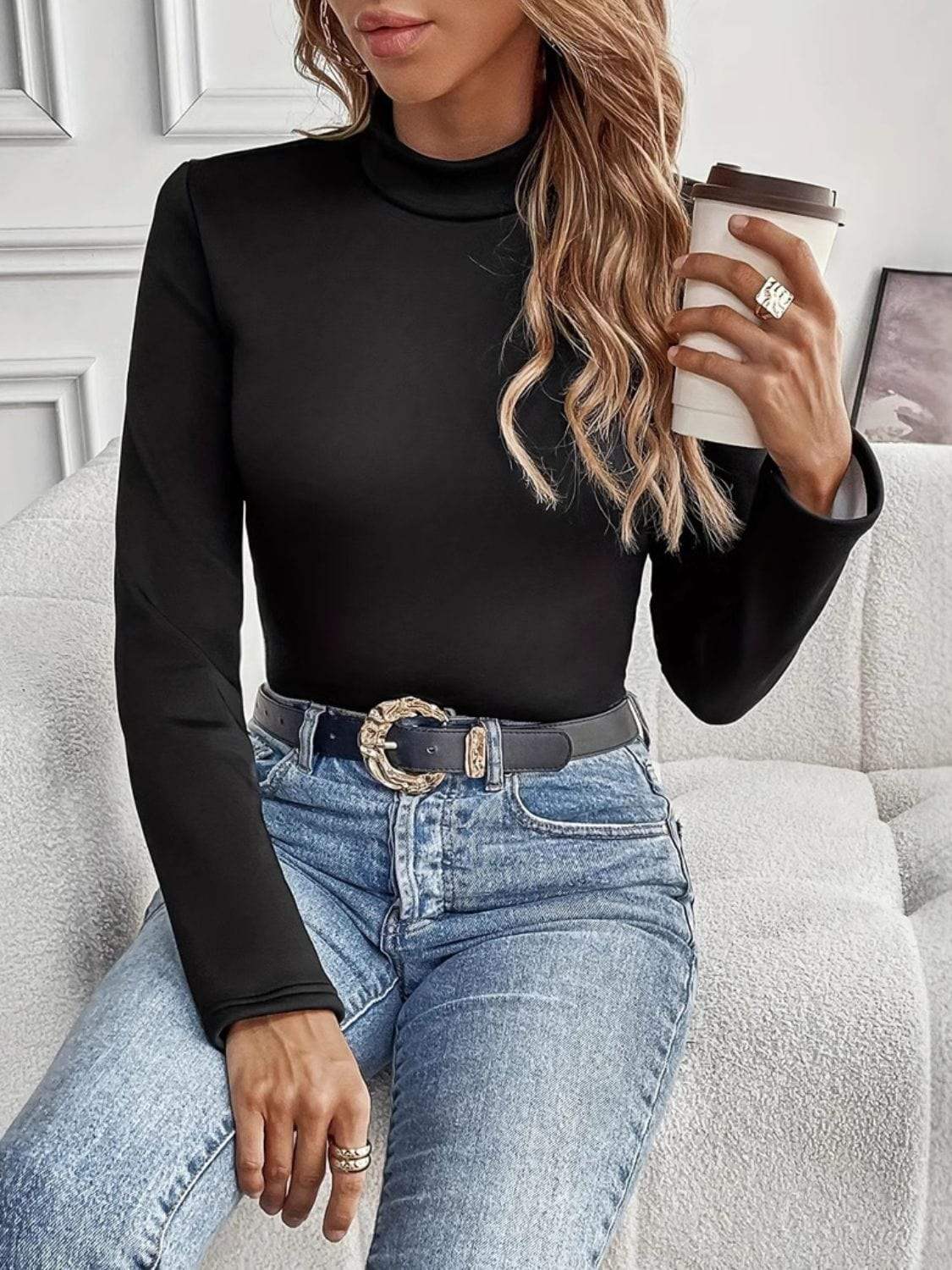 Mock Neck Long Sleeve T-Shirt - Trendsi - Flyclothing LLC