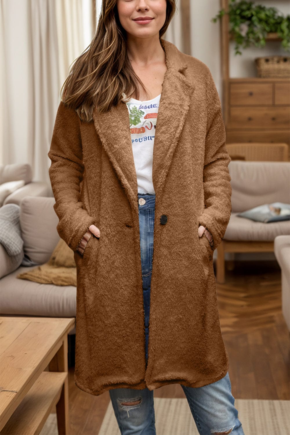 Full Size One Button Long Sleeve Longline Plush Coat - Trendsi