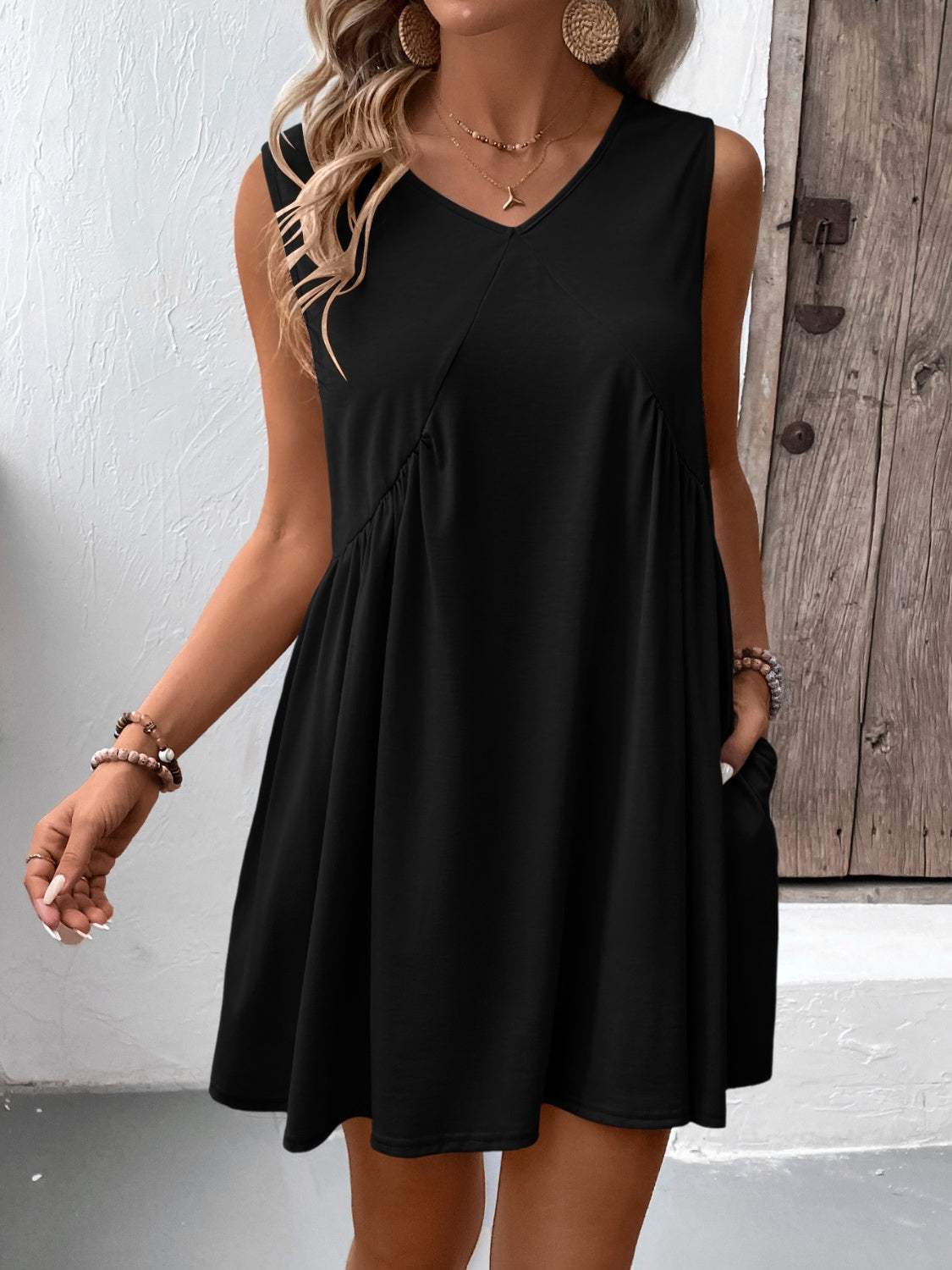 Ivy Lane Ruched V-Neck Sleeveless Mini Dress - Trendsi - Flyclothing LLC