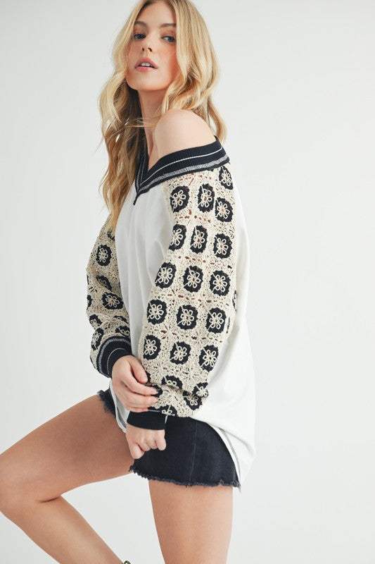 Aemi+Co Crochet Contrast Stitching V Neck Top - Trendsi - Flyclothing LLC