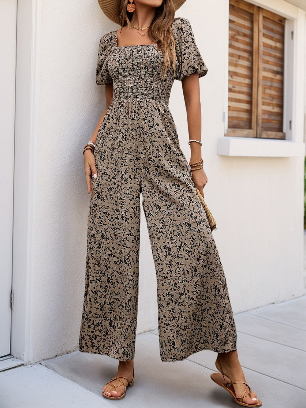 Perfee Smocked Printed Square Neck Puff Sleeve Jumpsuit - Trendsi