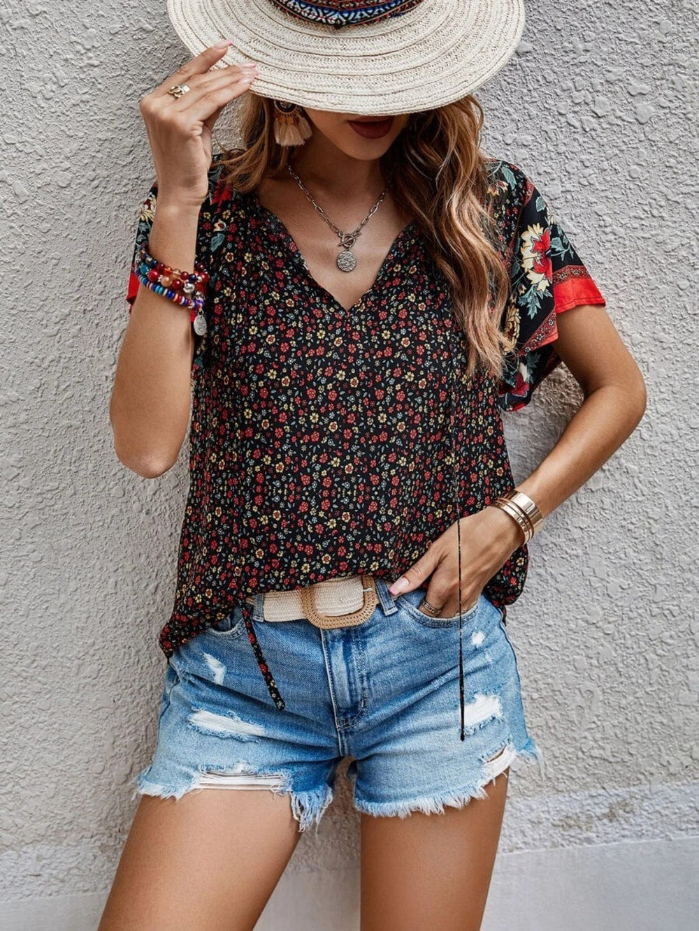 Printed Tie Neck Short Sleeve Blouse - Trendsi