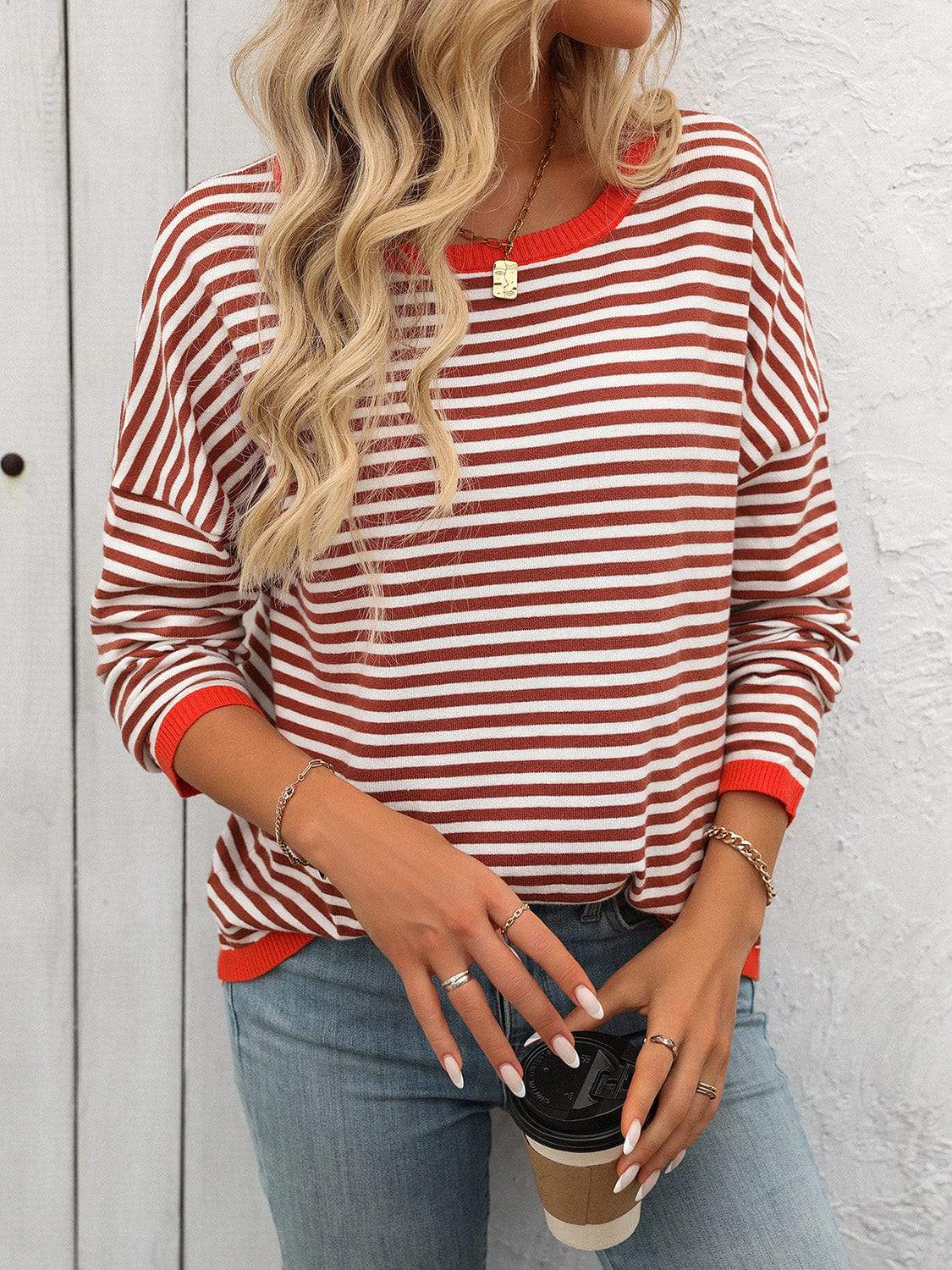 Mandy Striped Round Neck Long Sleeve Sweater - Trendsi - Flyclothing LLC