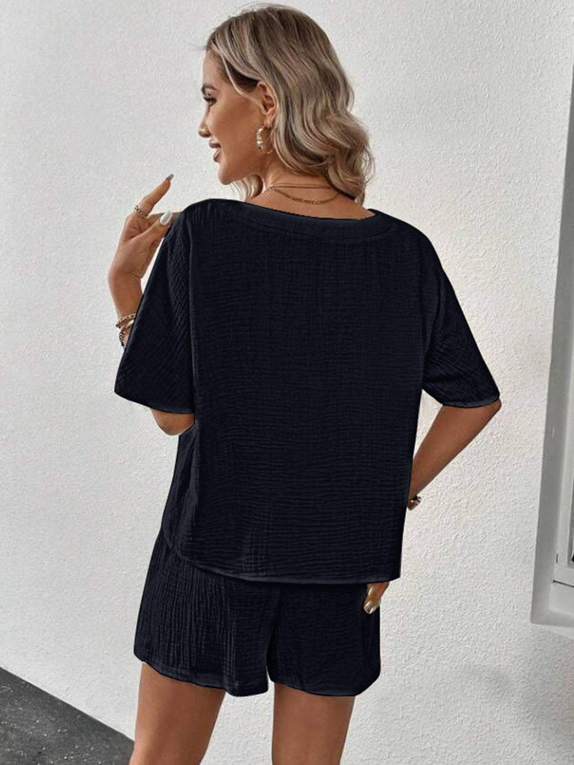 V-Neck Half Sleeve Top and Shorts Set - Trendsi - Flyclothing LLC