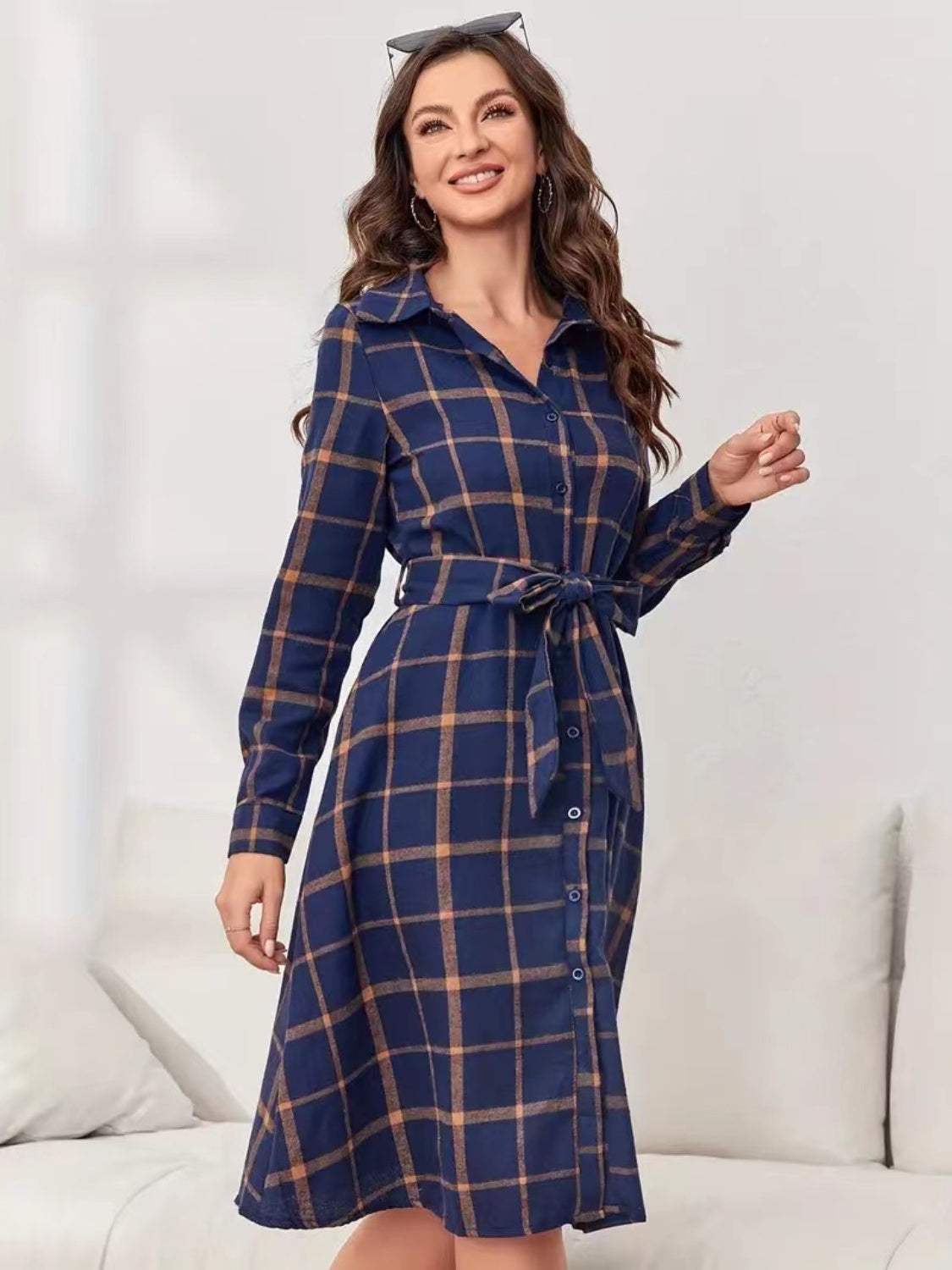 Plaid Tie Waist Long Sleeve Dress - Trendsi - Flyclothing LLC
