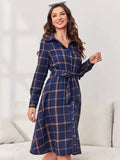 Plaid Tie Waist Long Sleeve Dress - Trendsi - Flyclothing LLC