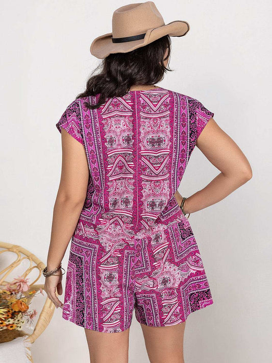 Plus Size Printed V-Neck Cap Sleeve Romper - Trendsi - Flyclothing LLC