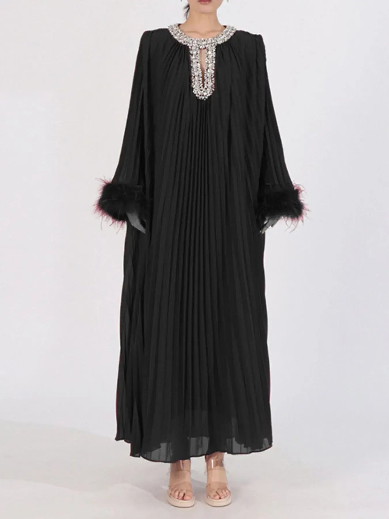 Rhinestone Long Sleeve Maxi Dress - Trendsi - Flyclothing LLC
